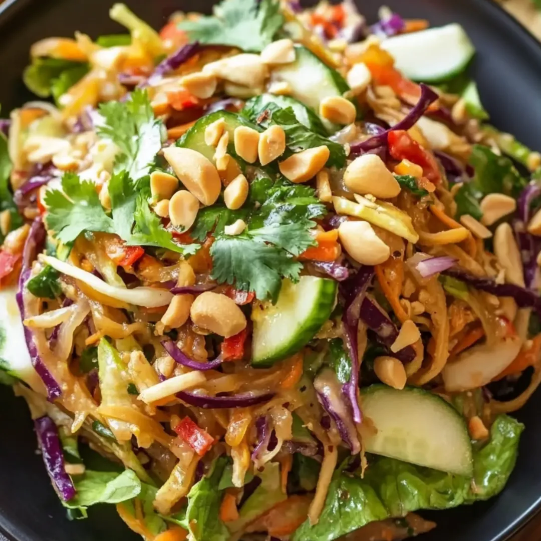 A bowl of salad with noodles, vegetables, and nuts.