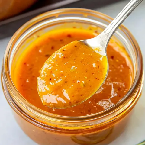A spoon is in a jar of orange sauce.