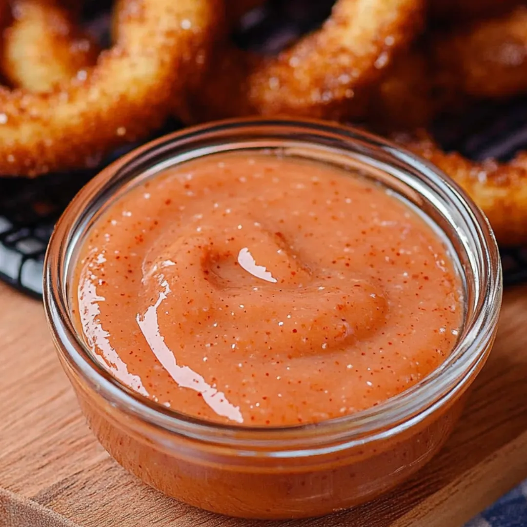 A glass of sauce on a wooden table.