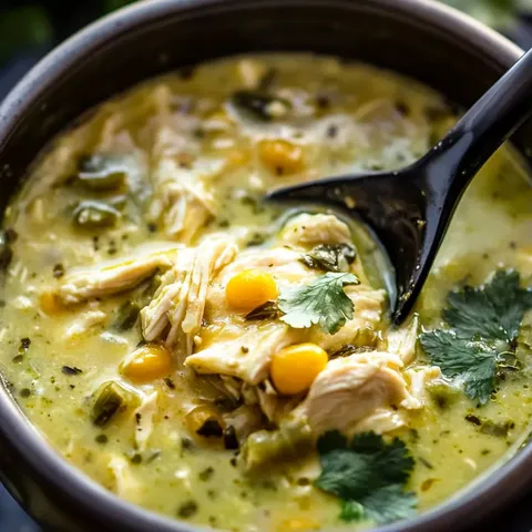 A bowl of soup with a spoon in it.