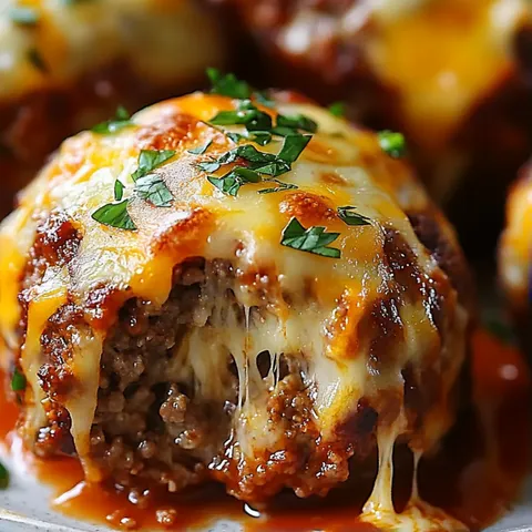 A close up of a meatball covered in cheese.