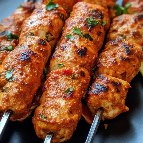 A skewer of meat with peppers and herbs.