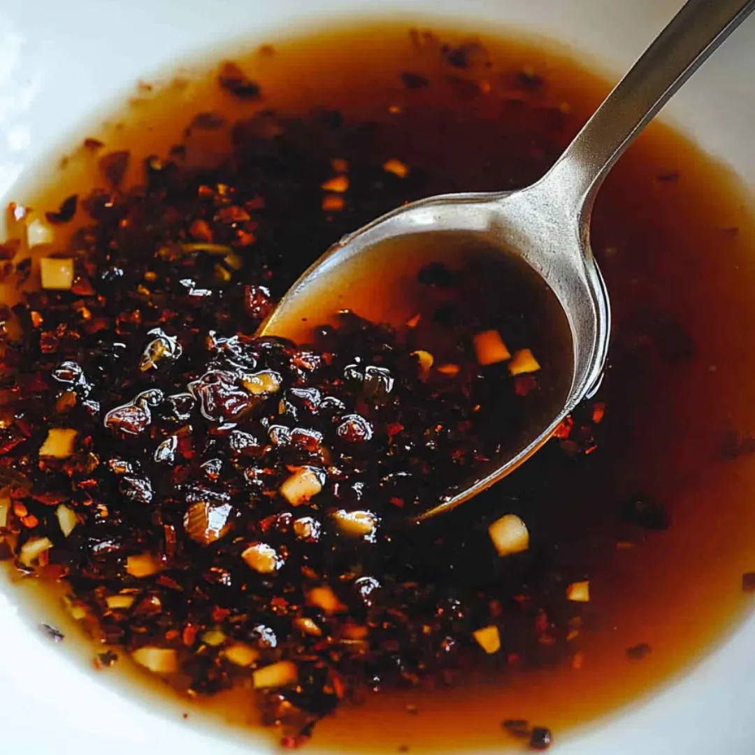 A spoon in a bowl of soup.