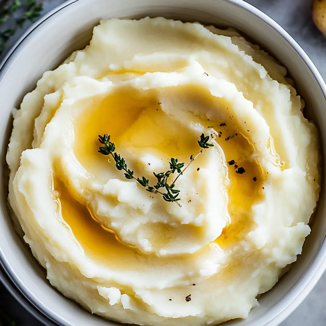 A bowl of mashed potatoes with a sprig of parsley on top.