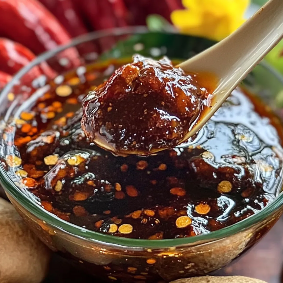 A spoon is in a bowl of sauce.