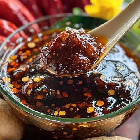 A spoon is in a bowl of sauce.