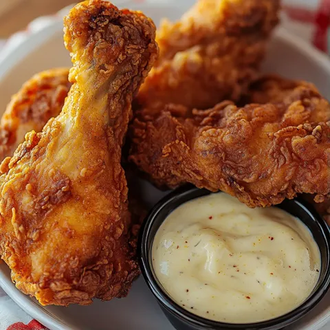 A plate of fried chicken with a dipping sauce.