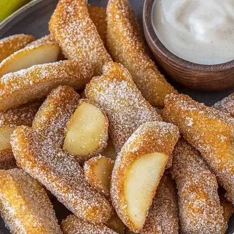 A plate of fried apples with a bowl of dipping sauce.
