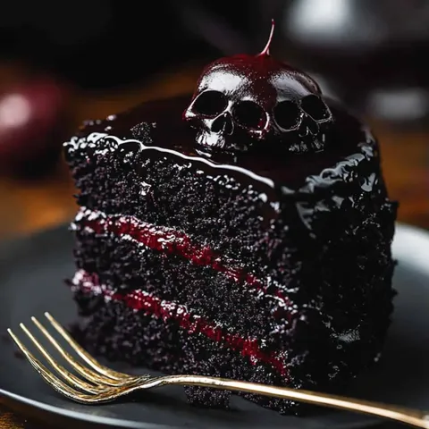 A slice of chocolate cake with a skull on top.