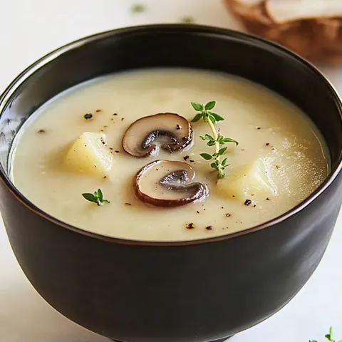 A bowl of soup with mushrooms and herbs.