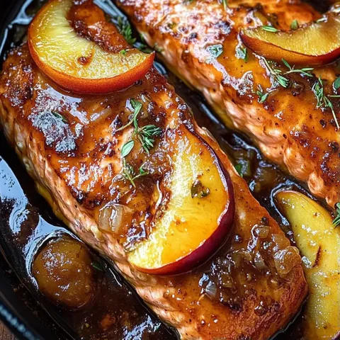 A pan of salmon with apples and onions.