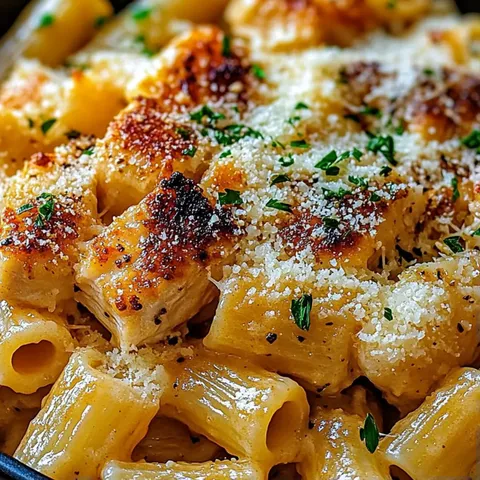 A bowl of pasta with chicken and cheese.