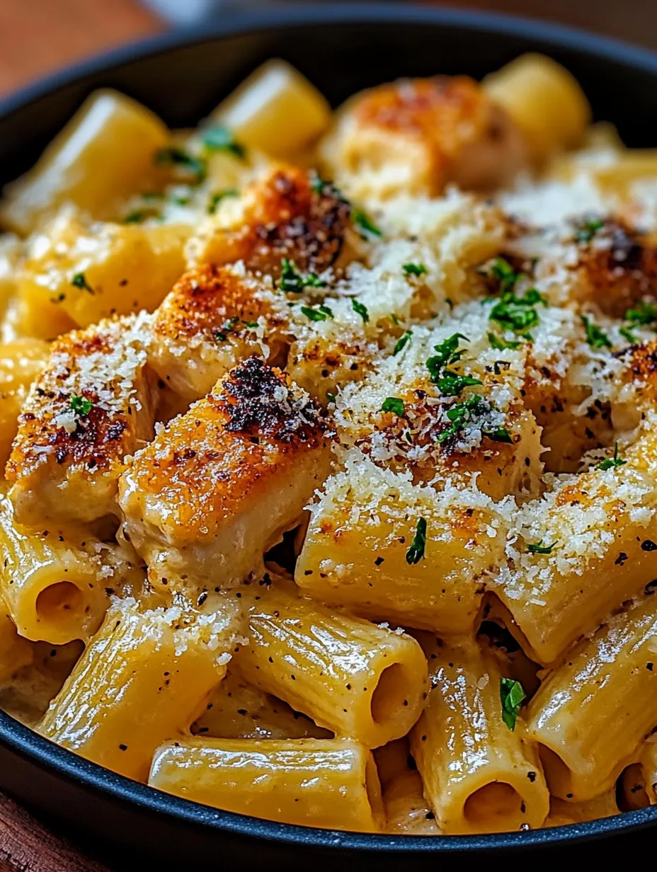 A bowl of pasta with chicken and cheese.