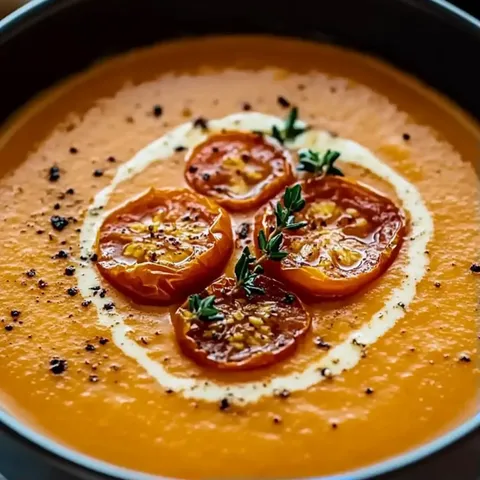 A bowl of soup with tomatoes and herbs.