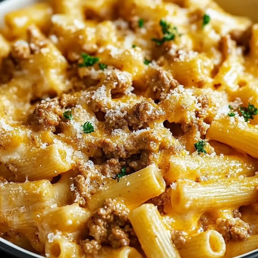A bowl of pasta with meat and cheese.