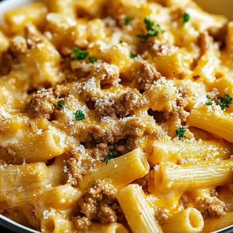 A bowl of pasta with meat and cheese.