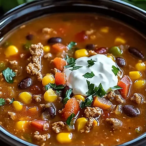 A bowl of soup with a dollop of sour cream on top.