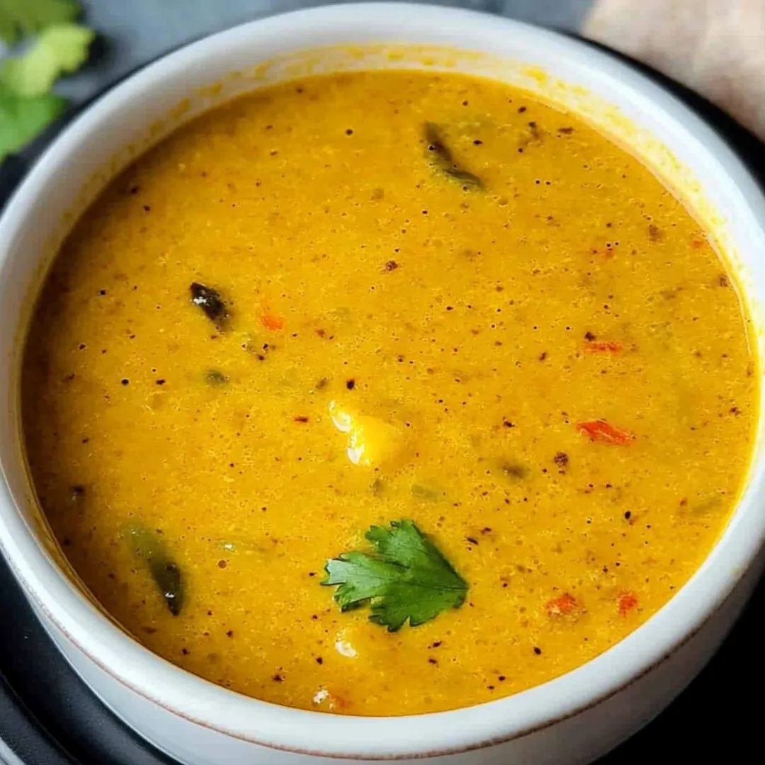 A bowl of soup with a green garnish.