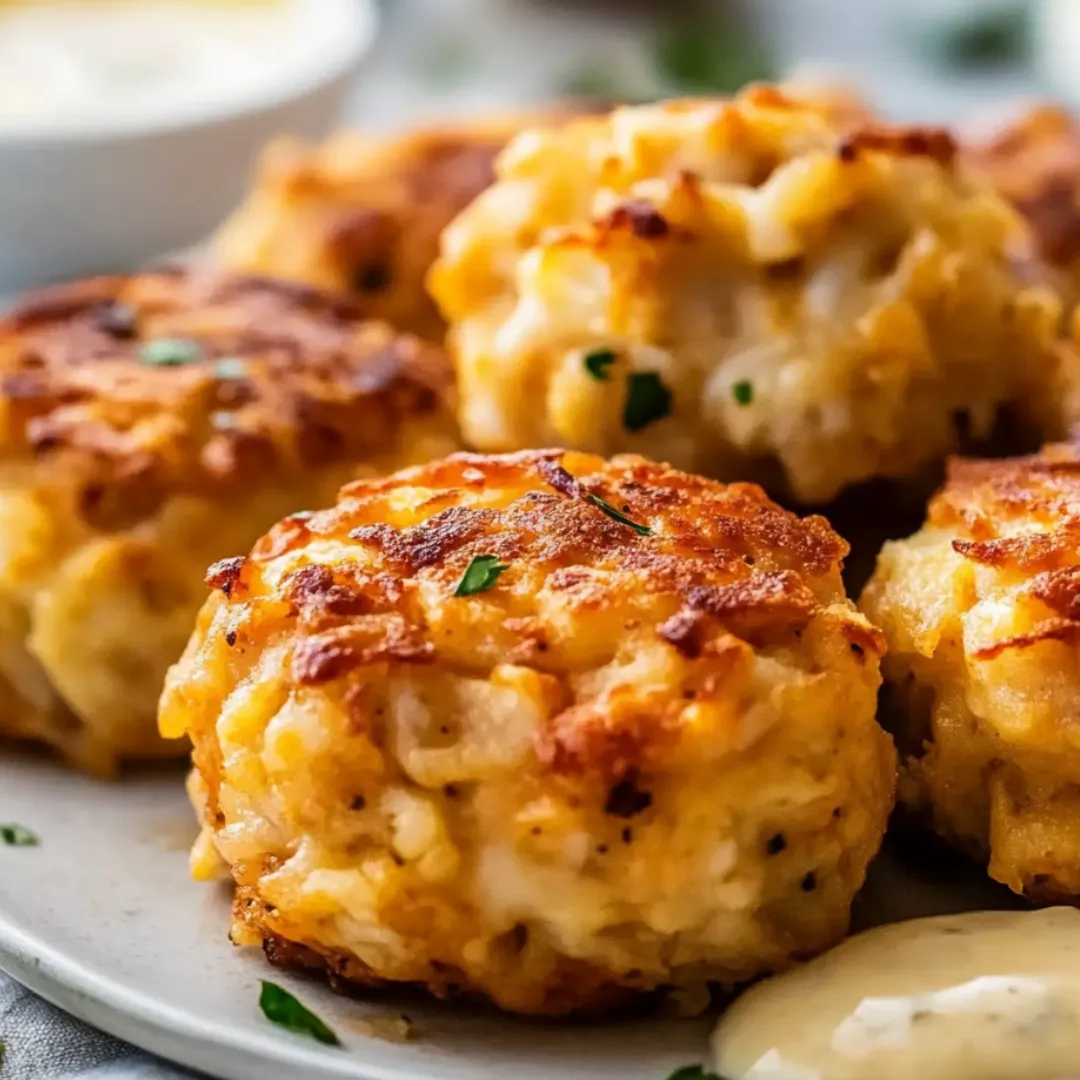A plate of crab cakes with a side of dipping sauce.