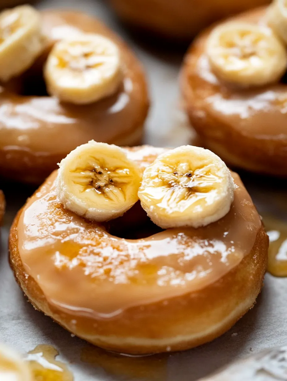 A glazed donut with banana slices on top.