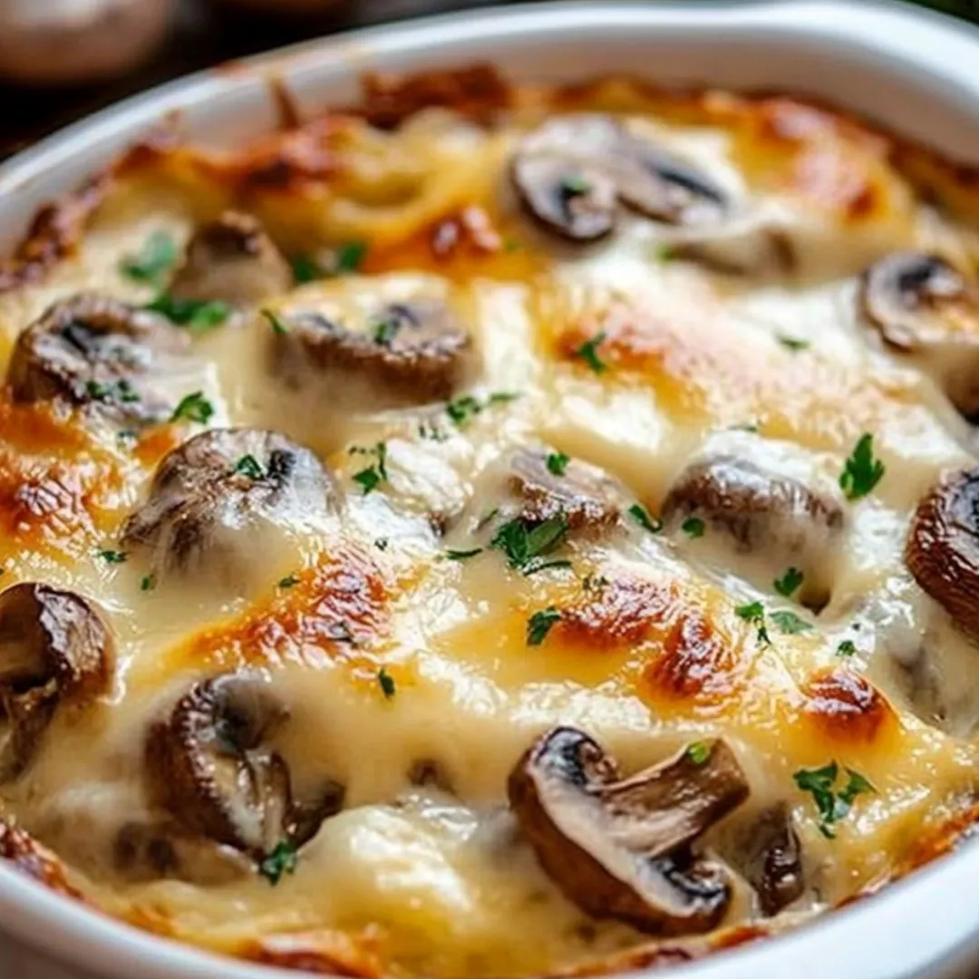 A bowl of mushroom and cheese casserole.