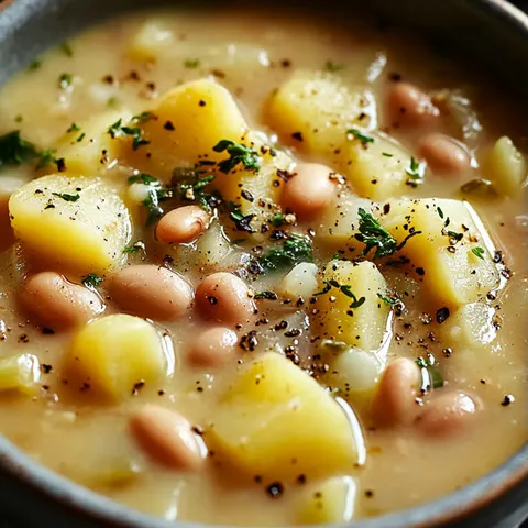 A bowl of soup with beans and potatoes.