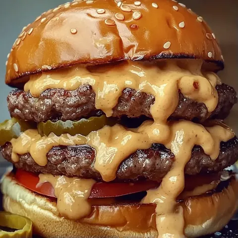 A close up of a hamburger with cheese and sauce.