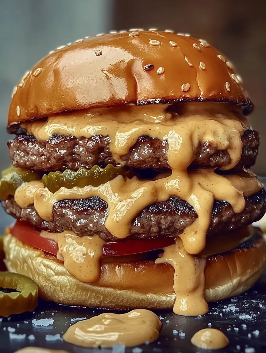 A close up of a hamburger with a generous amount of sauce.