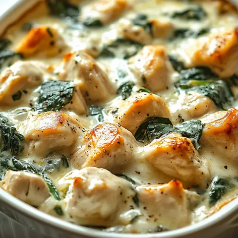A bowl of chicken and spinach.