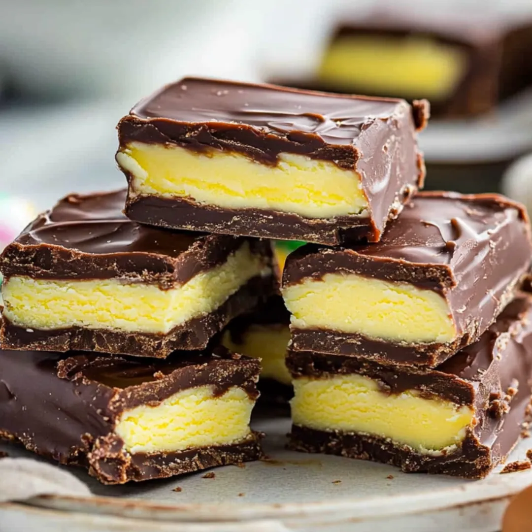 A stack of chocolate and yellow cake bars.