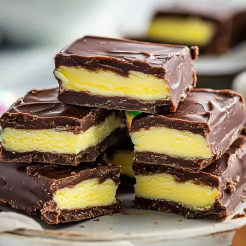 A stack of chocolate and yellow cake bars.