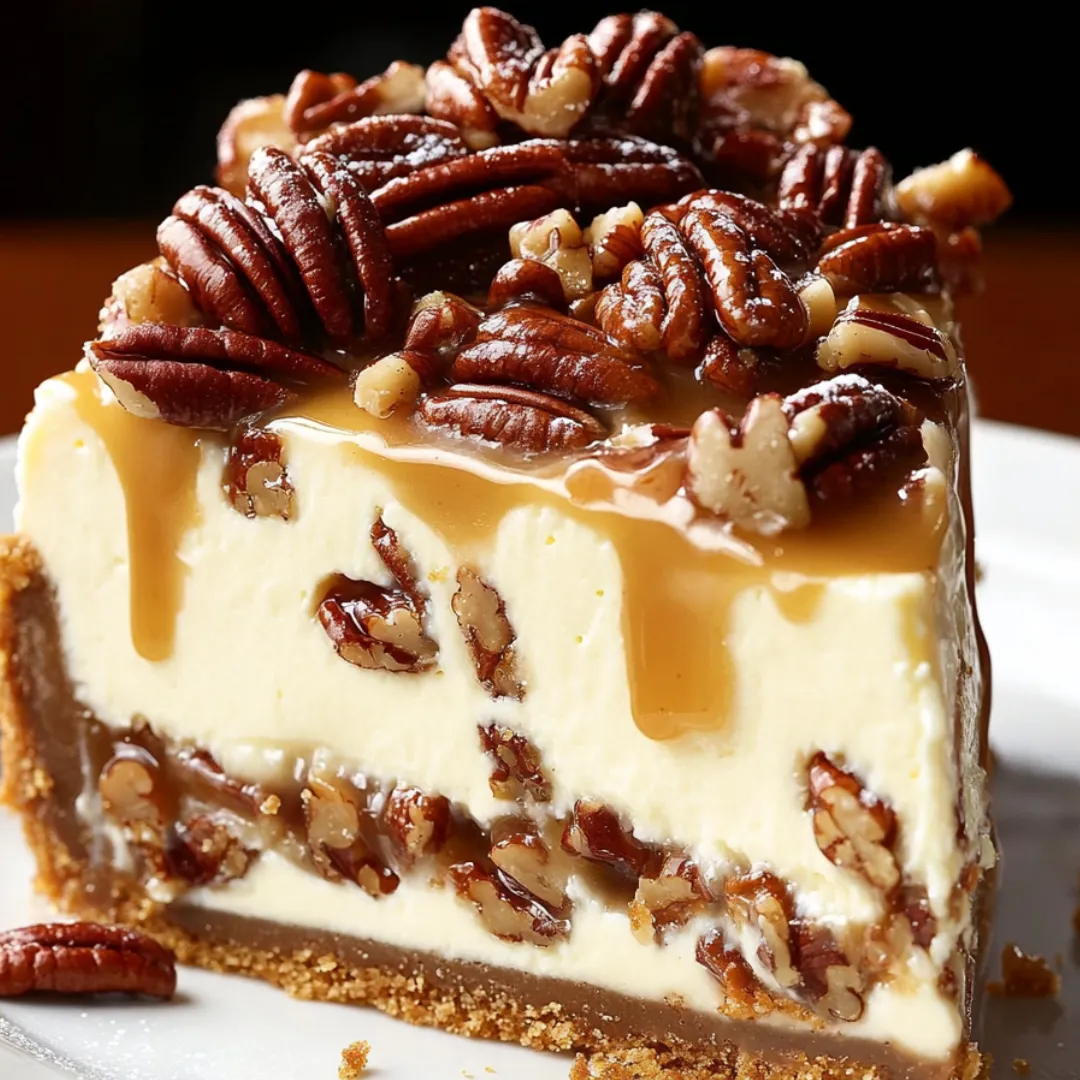 A slice of pecan pie with caramel drizzle.