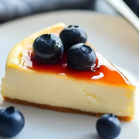 A slice of cheesecake with blueberries on top.