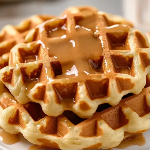 A stack of waffles with syrup on top.