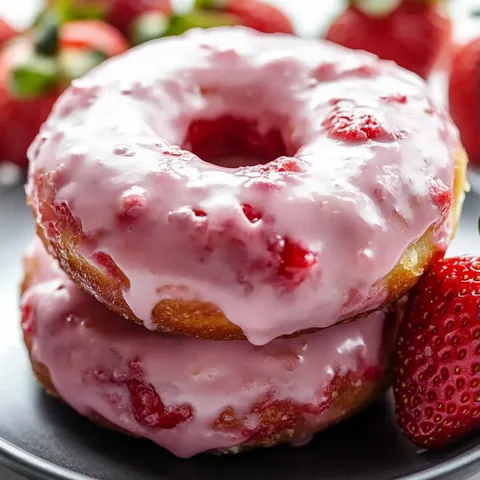 A stack of pink frosted donuts with strawberries on top.