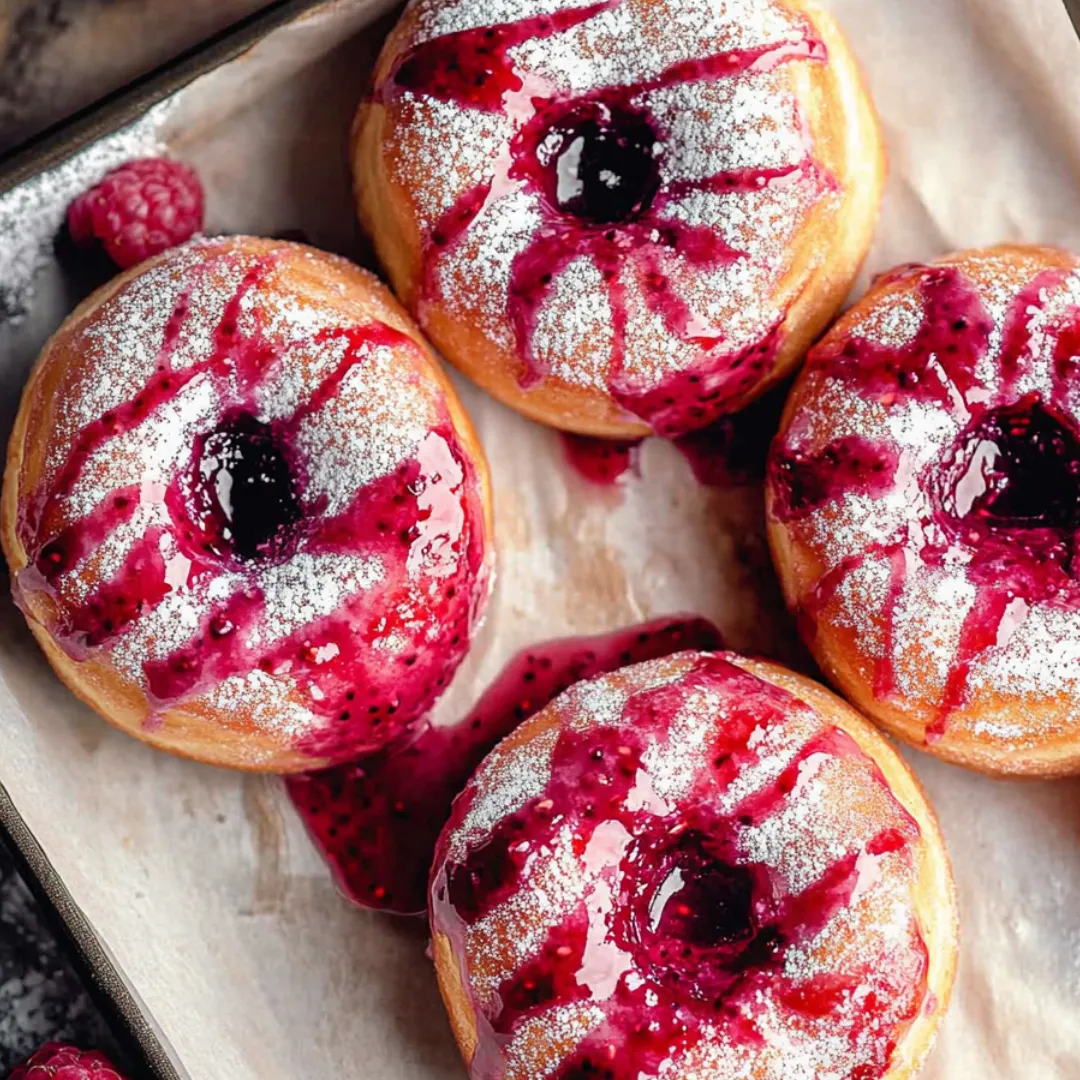 A plate of donuts with pink icing and blueberry toppings.