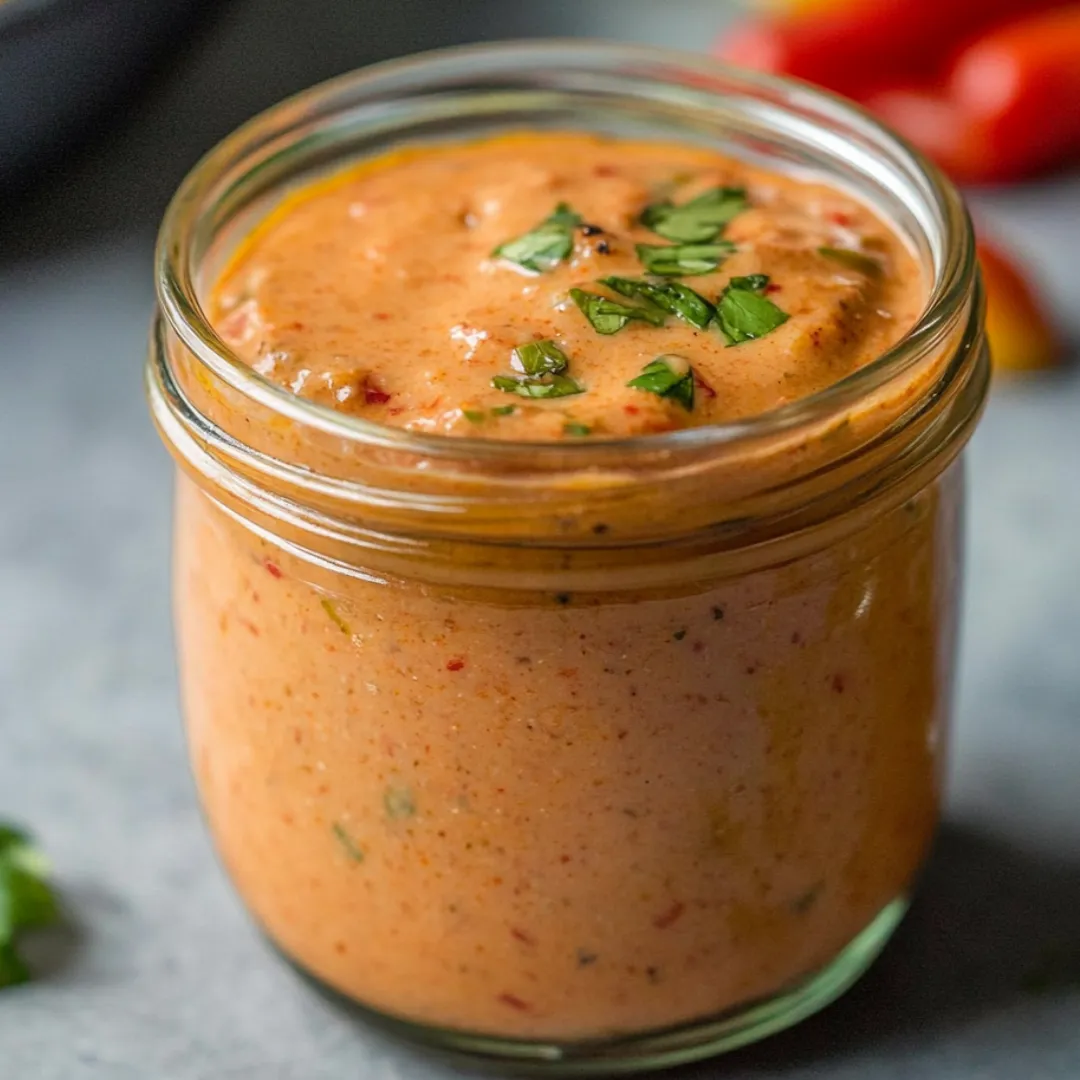A jar of red sauce with green herbs on top.