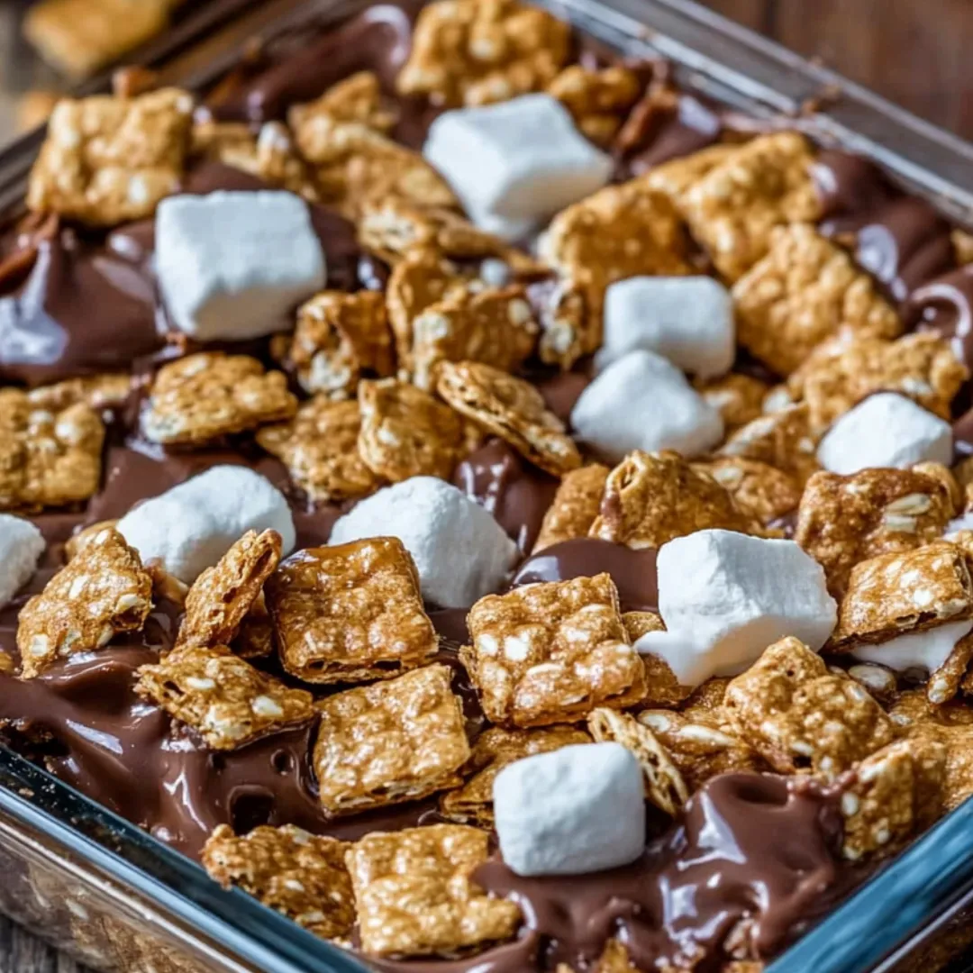 A dish of marshmallows and chocolate.