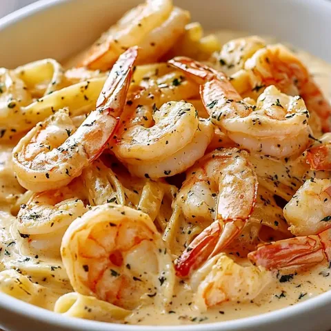 A bowl of shrimp and pasta.