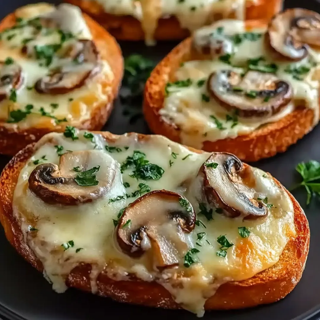Two mushroom toast on a plate.
