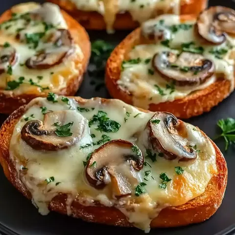 Two mushroom toast on a plate.