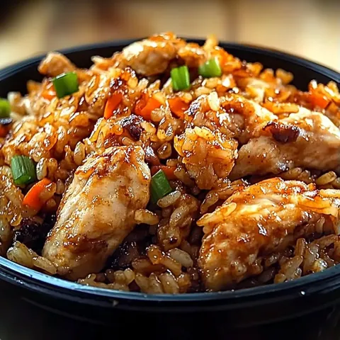A bowl of rice and chicken.