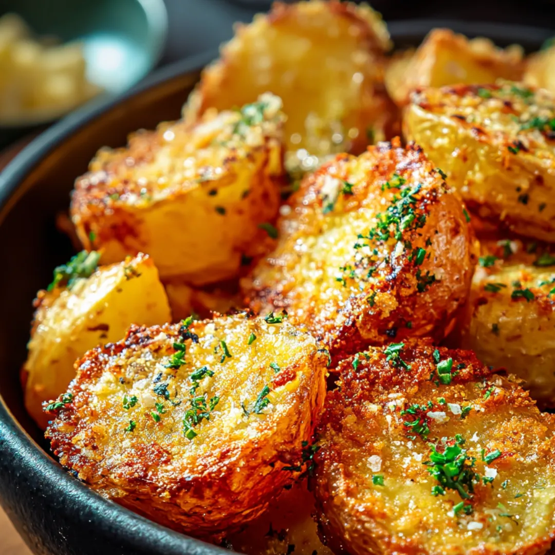 A bowl of potatoes with herbs on top.