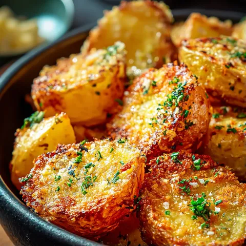 A bowl of potatoes with herbs on top.