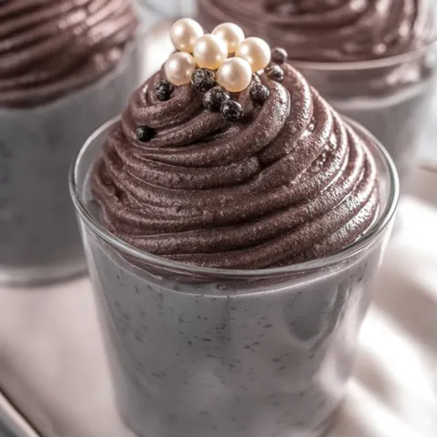 A cup of chocolate ice cream with pearls on top.