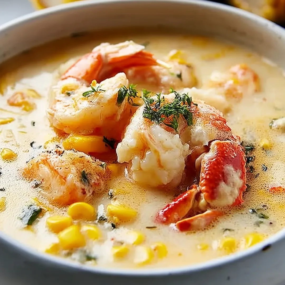 A bowl of soup with shrimp and corn.