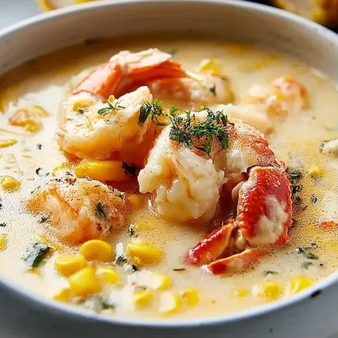A bowl of soup with shrimp and corn.