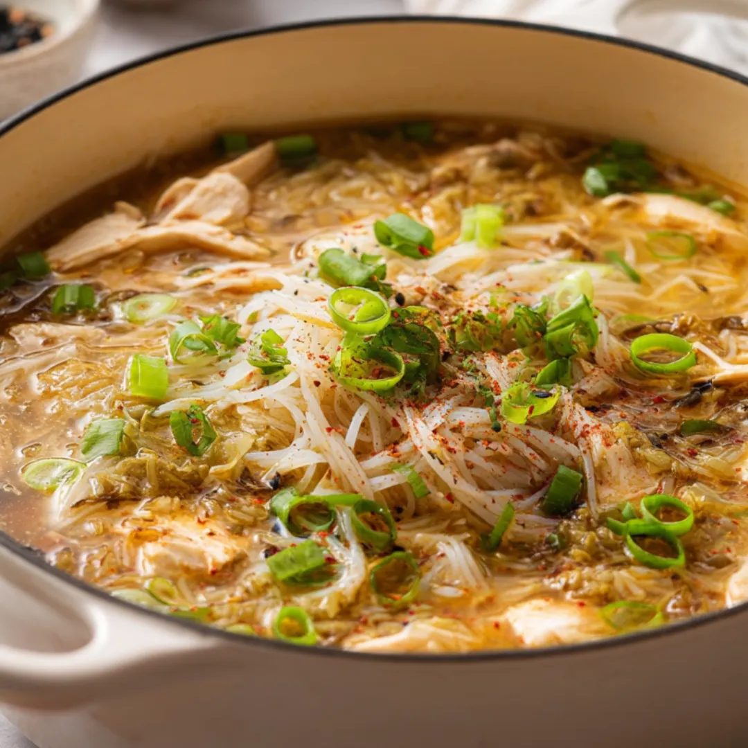 A bowl of soup with noodles and vegetables.
