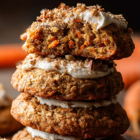 Carrot cake stacked with white frosting.