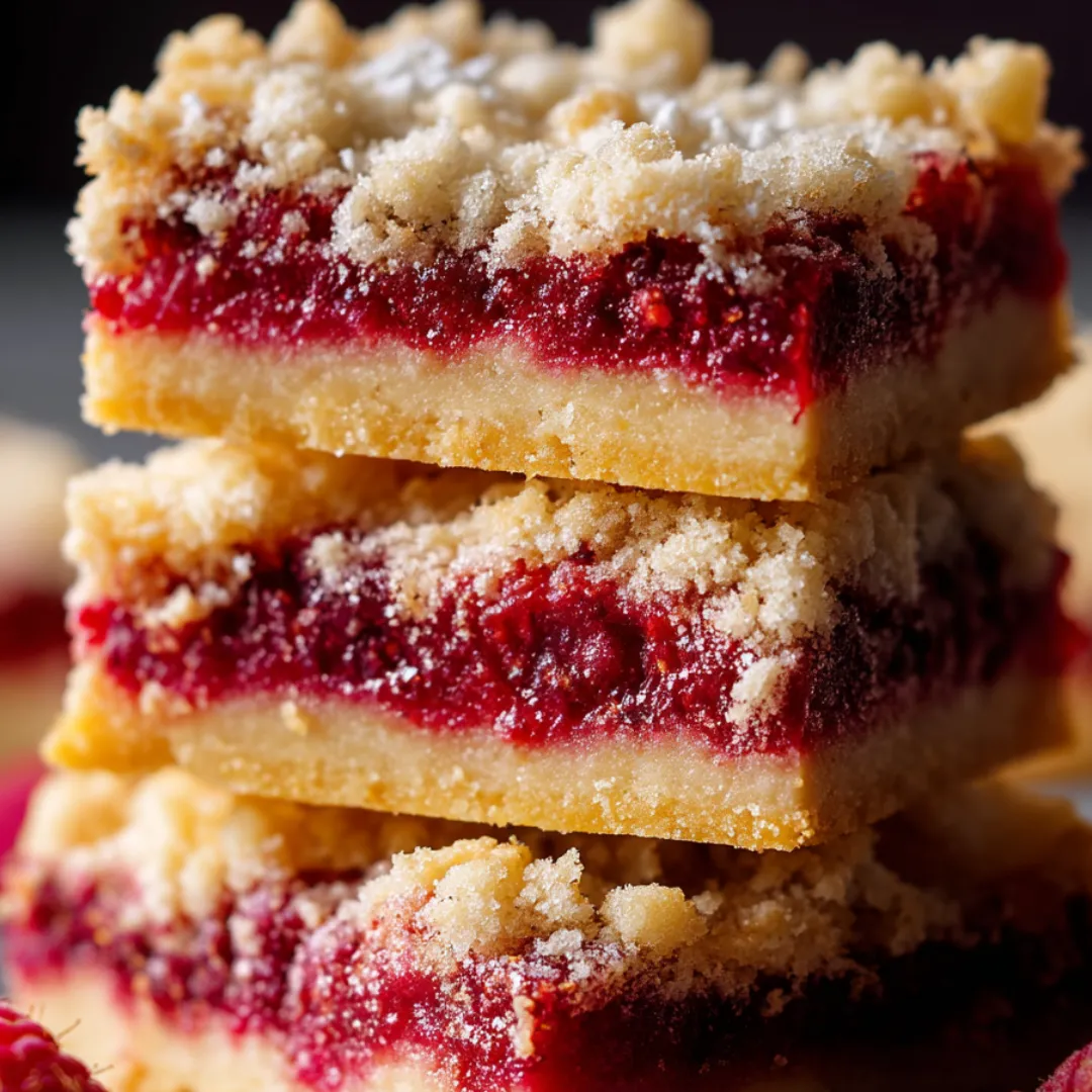 A stack of dessert bars with a red filling.